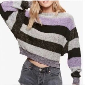 FREE PEOPLE Candyland Purple Black Striped Cropped Sweater Women's Size XS